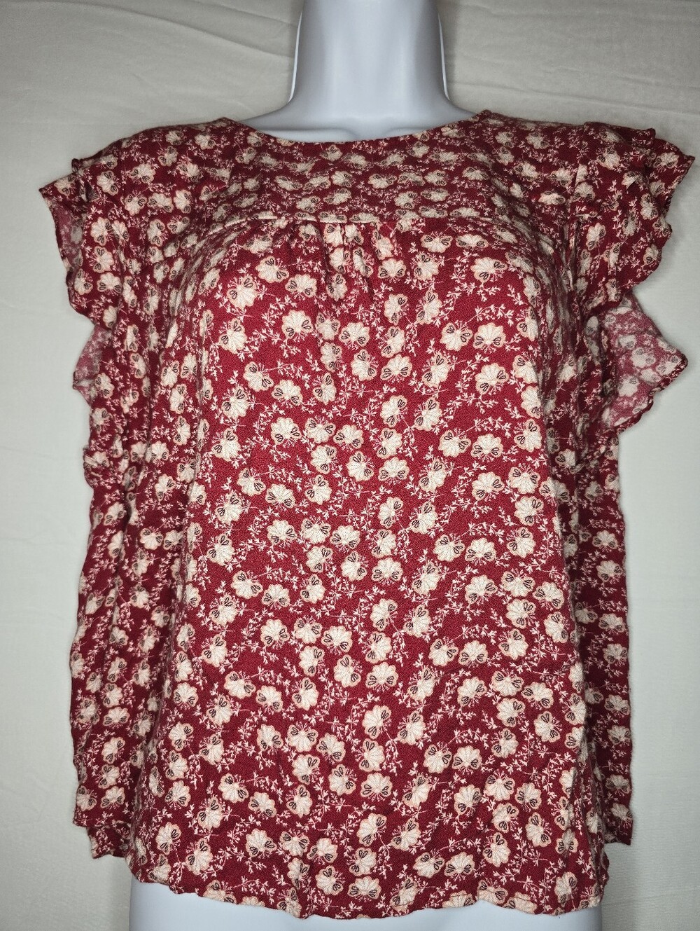 NAF NAF Paris Floral Blouse Top XL Red Pink Flutter Sleeve Boho